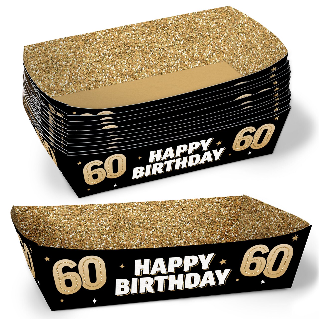 Big Dot of Happiness 60th Birthday Party Paper Food Trays, Disposable Food Boats, Black & Gold, Picnic, BBQ, Double-Sided Paper Meal Holders - 12 Ct